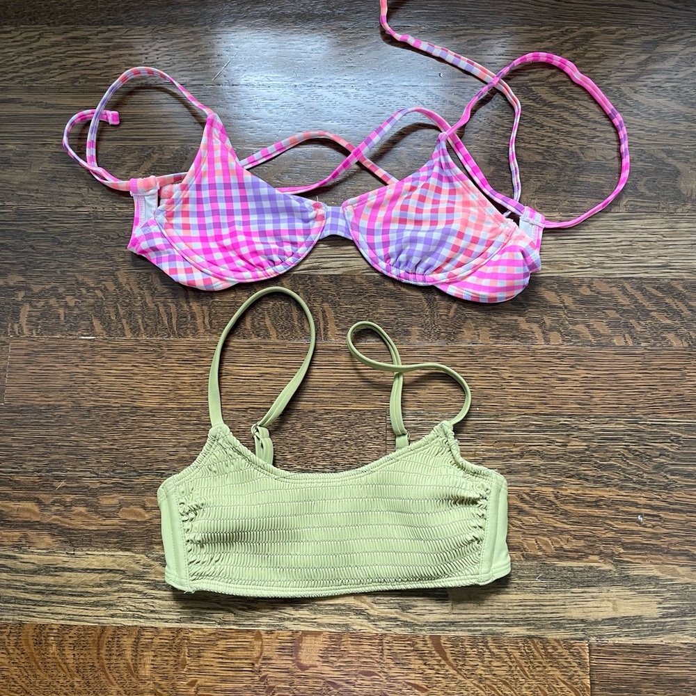 2 target bikini tops, pink gingham and army green